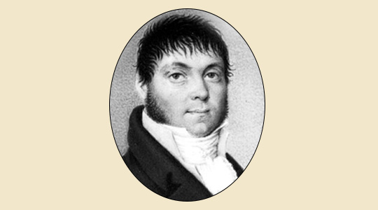 Portrait Johann Georg von Soldner (1776 - 1833), Brustbild nach rechts. Kopf im Halbprofil mit zum Betrachter zugewandtem Gesicht. Soldner trägt einen dunklen Gehrock mit großem Kragen, ein helles Hemd mit gestärktem Stehkragen und einen mehrfach eng um den Hals gewundenen Stoffschal, der mit einem kunstvollen Knoten geschnürt ist.